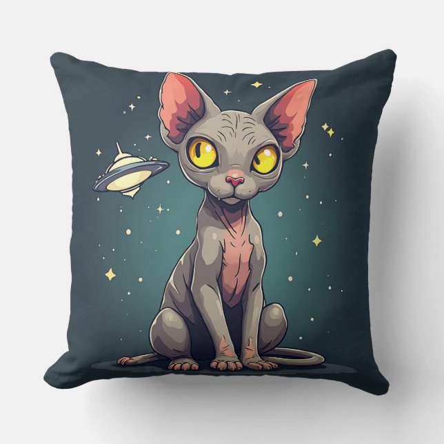Almofada Judging Sphynx Cat UFO Space Cartoon Art (Frente)
