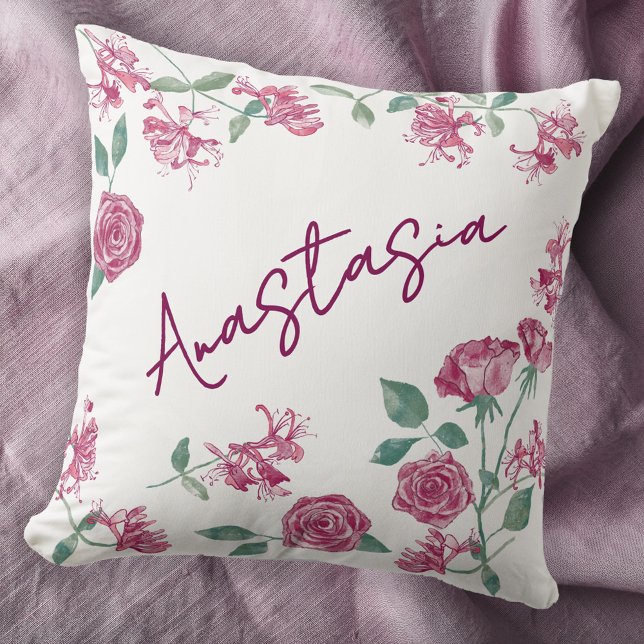 Almofada June Birth Month Honeysuckle Rose Personalized (June birthday personalized custom name birth month flower watercolor honeysuckle rose throw pillow)