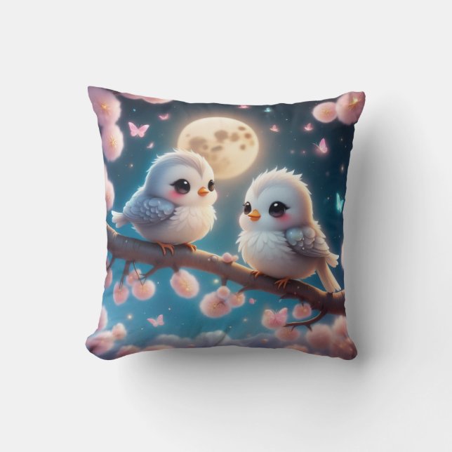 Almofada Kawaii Charming Birds sob luz da Lua (Frente)