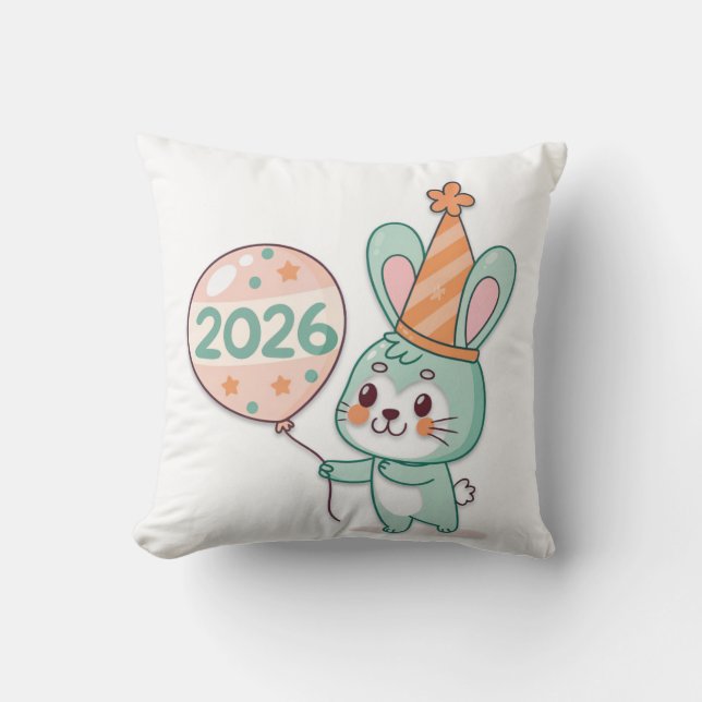 Almofada Kawaii Chibi Rabbit Mascot Holding 2026 Balloons  (Frente)