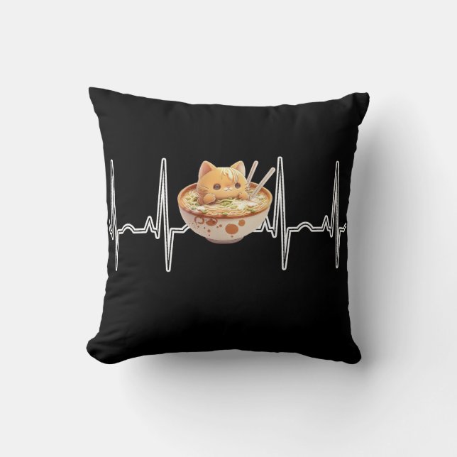 Almofada Kawaii Cute Kitten Ramen EKG Heartbeat Otaku Anime (Frente)