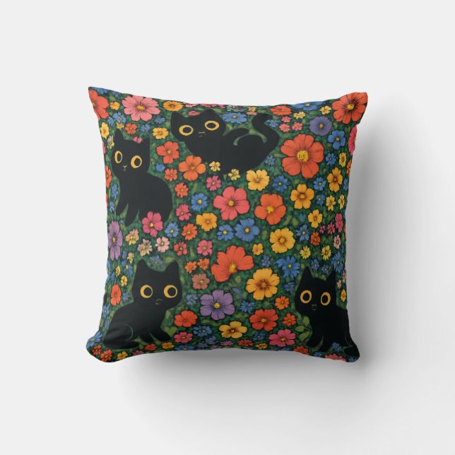 Almofada Kawaii Garden Art | Cute Black Cat Floral Pattern (Frente)