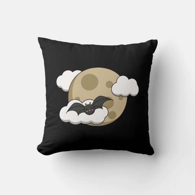 Almofada Kawaii Happy Bat Flying on Full Moon (Frente)