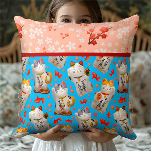 Almofada Kawaii Maneki Neko Estilo Quimono Azul Floral