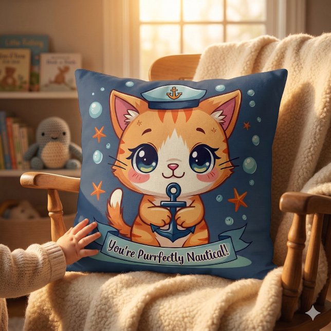 Almofada Kawaii Náutico Cat Navegando Anchor Pun (Kawaii Nautical Cat Sailing Anchor Pun Throw Pillow Mockup D)