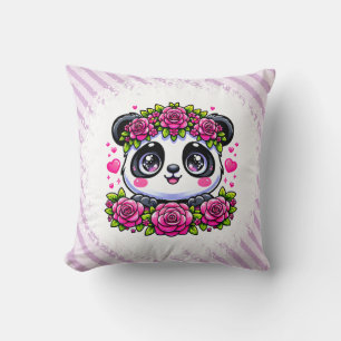Almofada Kawaii Panda com Corações e Rosas