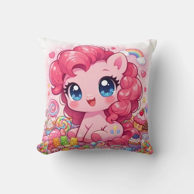 Almofada Kawaii Pink Pony Chibi Art Throw Pillow (Frente)