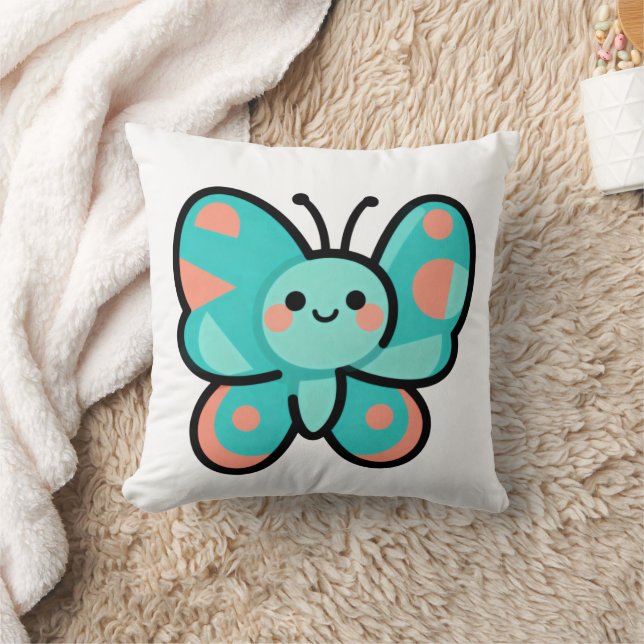 Almofada Kawaii Teal Butterfly Happy Face Cartoon Art (Cobertor)