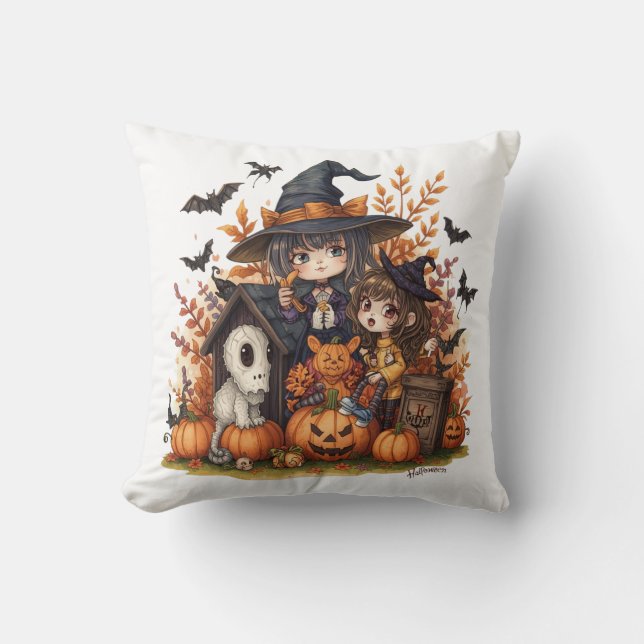 Almofada Kawaii Witches with Ghost Puppy and Pumpkins (Frente)