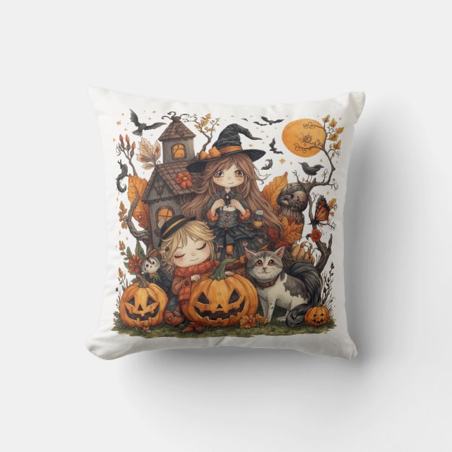 Almofada Kawaii Witches with Ghost Puppy and Pumpkins (Frente)