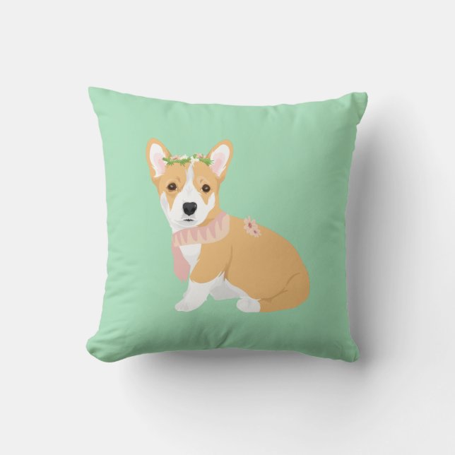 Almofada Kiki o Corgi bonito com xaile cor-de-rosa (Frente)