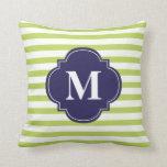 Almofada Kiwi Verde e Marinho Azul Strips Monograma<br><div class="desc">Travesseiro decorativo de sotaque decorativo personalizado. Personalize com seu nome inicial, monograma, nome ou qualquer texto de sua escolha.</div>