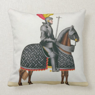 Almofada Knight na armadura em seu cavalo, placa 'de um
