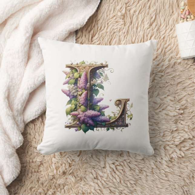 Almofada "L" inicial - Elegante Lilac Floral Design (Cobertor)