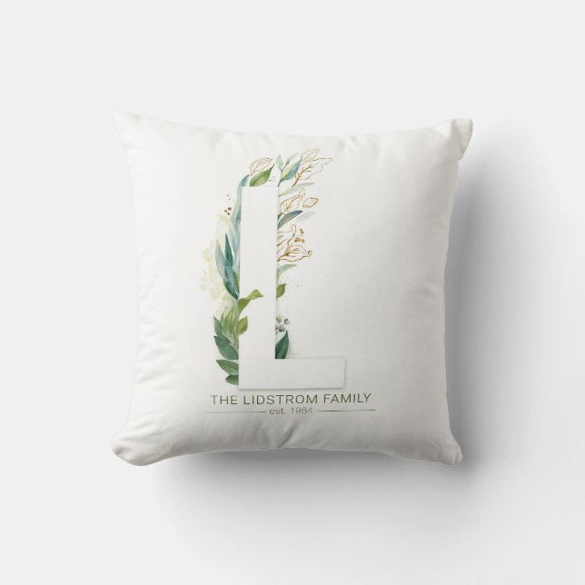 Almofada L Monograma Elegante Folhagem Dourada Nome da Famí (Frente)