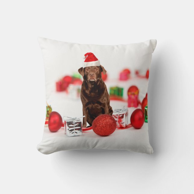 Almofada Labrador Cachorro Natal w Difts Santa Hat Travesse (Frente)