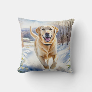 Almofada Labrador Retriever Amarelo Neve Inverno Aquarela R