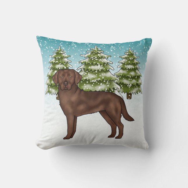 Almofada Labrador Retriever Chocolate Azul Natal de Inverno (Frente)