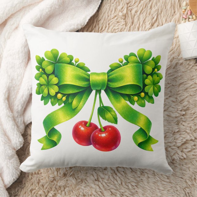 Almofada Laço de Trevo Sortudo com Cerejas no Design Verde (Cobertor)