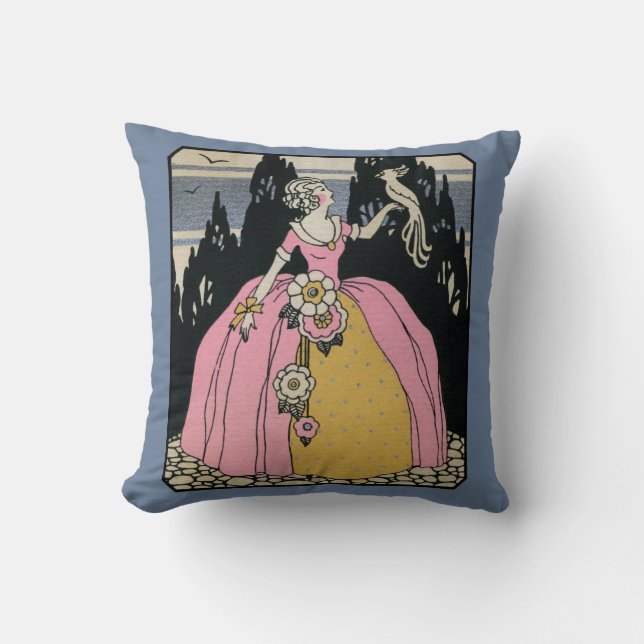 Almofada Lady Holding um Pássaro, Vintage Victorian (Frente)