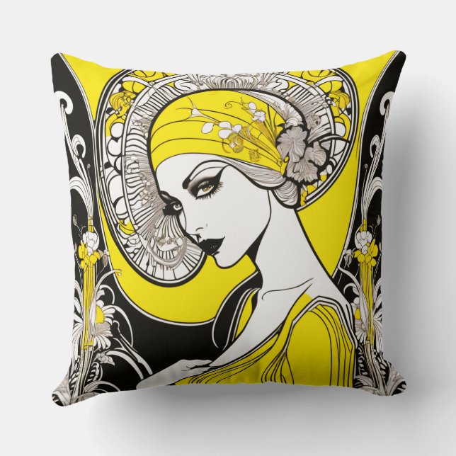 Almofada Lady Yellow & Black Art Nouveau elegante (Verso)