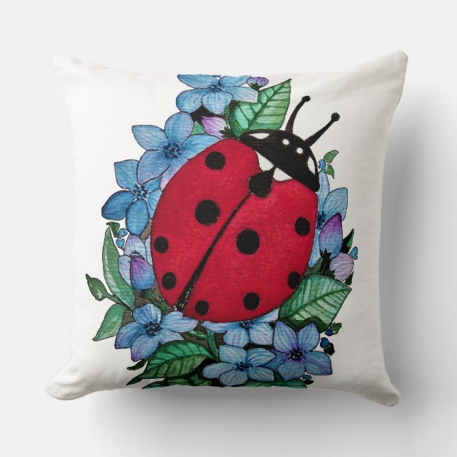Almofada Ladybug Cuta De Água Com Flores Selvagens Azuis (Frente)