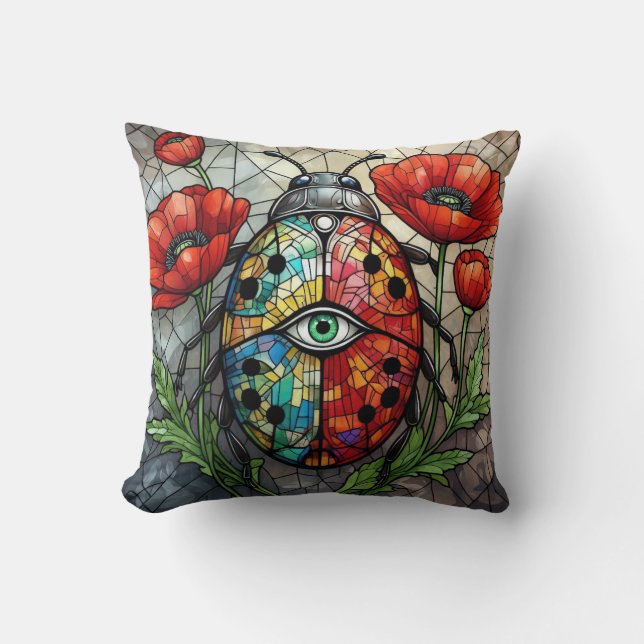 Almofada Ladybug stained glass vibrant poppy flower insect  (Frente)