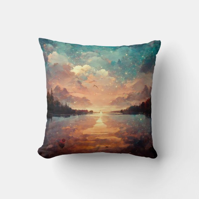 Almofada Lago Dreamlike E Sunset | Pintura paisagística (Frente)
