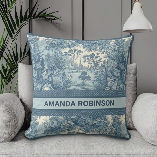 Almofada Lago floral vítreo Monograma azul toile de jouy (Criador carregado)