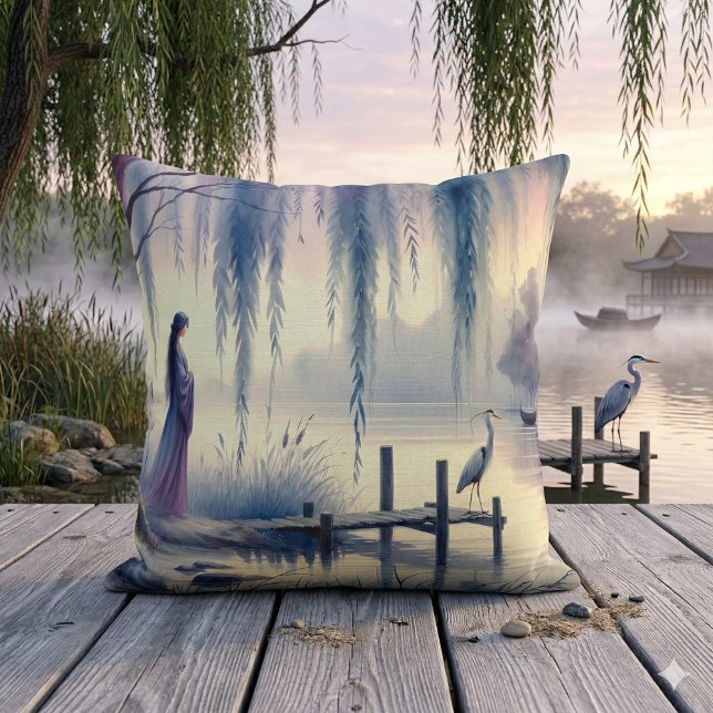 Almofada Lago Sereno Fantástico com Salgueiro e Garça (Serene Fantasy Lake with Willow and Heron Throw Pillow Mockup A)