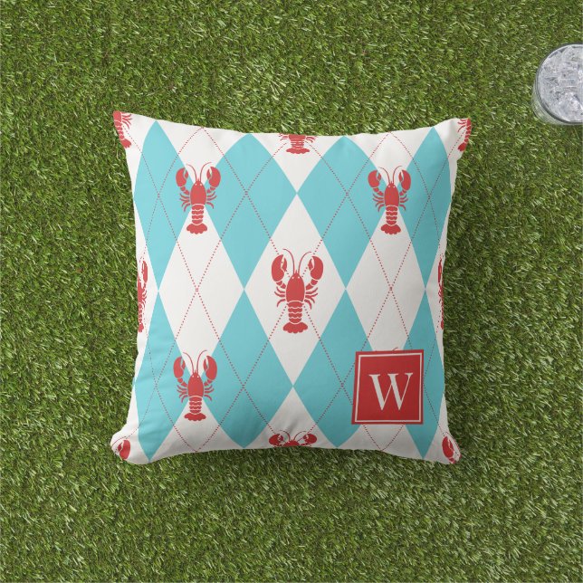 Almofada Lagosta Préppy Argyle Vermelho e Turquesa Monogram (Grama)