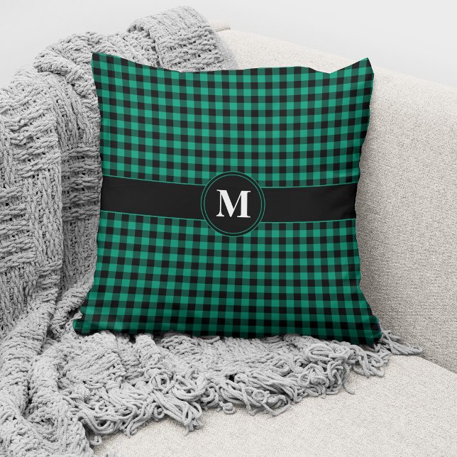 Almofada Lança Padrão De Gingham Preto E Verde Monograma (Criador carregado)