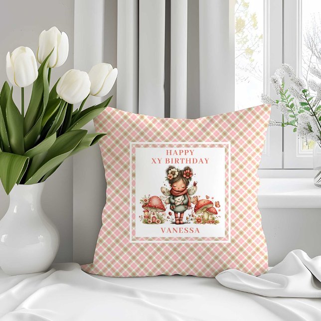 Almofada Lançamento de Aniversário da Menina com Flores Cor (Fancy Fairy Pink Flowers Girl Birthday Throw Pillow)