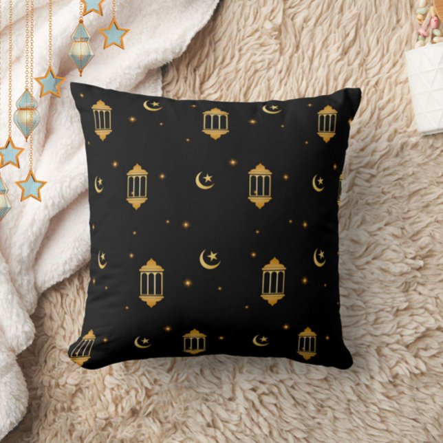 Almofada Lanternas Douradas do Elegante, Eid Islâmico/Ramad (An elegant classic black + gold throw cushion with lanterns + moon. Great for Eid or Ramadan)
