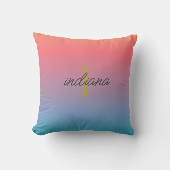 Almofada Laranja Azul Ombre Monograma Script (Frente)