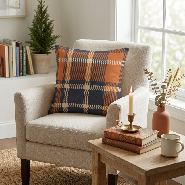 Almofada Laranja de Outono e Xadrez Azul (Autumn Orange and Blue Plaid Throw Pillow)