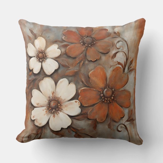 Almofada Laranja Ferrugem Cinza Marrom Floral Moderno (Frente)