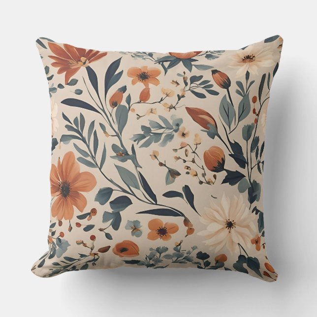 Almofada Laranja Queimada Azul Poento Rosa Floral (Frente)