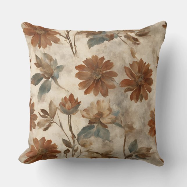 Almofada Laranja Queimada Azul Turquesa Marrom Floral (Frente)