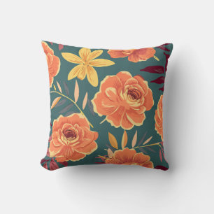 Almofada Laranja Vibrante e Floral Amarelo em Fundo Verde