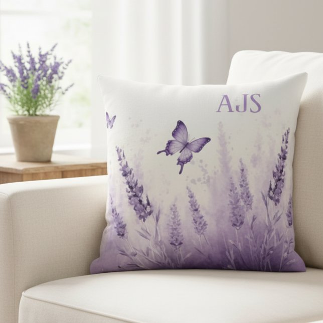 Almofada Lavender Field Throw Pillow – Monogram Initials (Lavender and Butterflies Decorative monogram pillow)