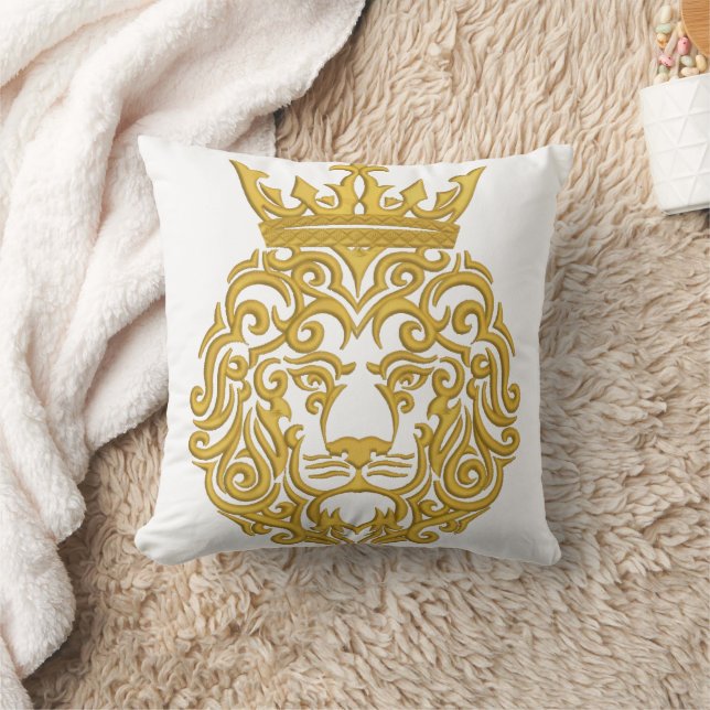 Almofada Leão Dourado com Coroa - Estilo de Bordado Majesto (Cobertor)