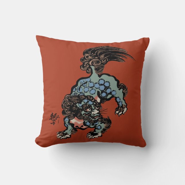 Almofada Leão Shi Chinês Antigo em Vermelho Chinês (Frente)