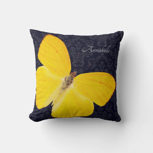 Almofada Legenda Yellow Butterfly Black Damask Add Name (Frente)