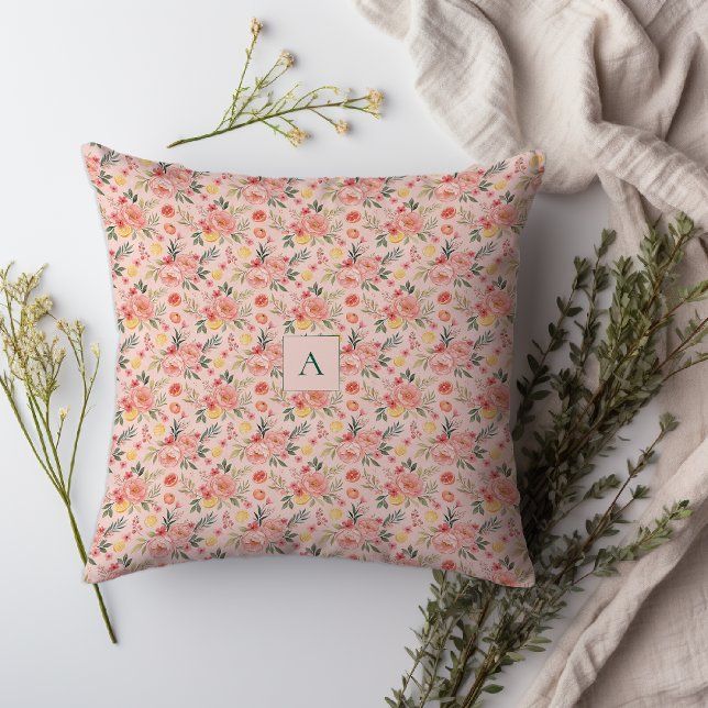 Almofada Lemon  Floral pink Peony rustic Pattern monogram (The pretty pink design is bursting with lemons, sweet little flowers, and lovely peonies/)