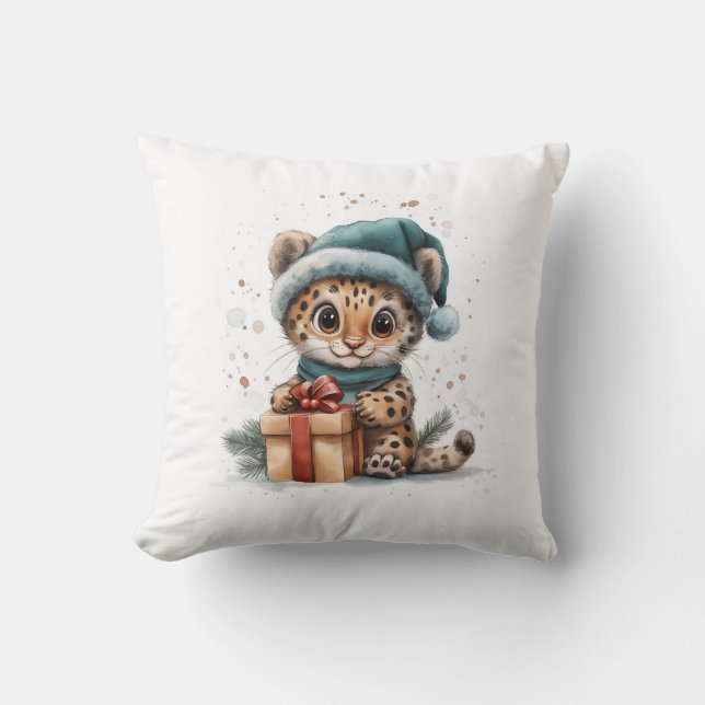 Almofada Leopardo Adorável de Bebê Animal em Santa Hat com  (Frente)
