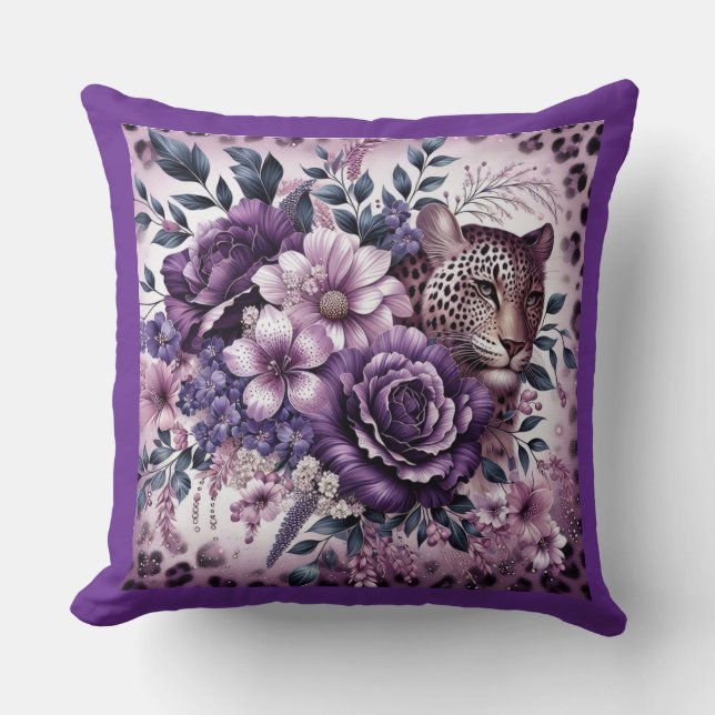 Almofada Leopardo com Flores Roxas (Frente)