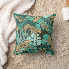 Almofada Leopardo da Selva Verde e Folhas Tropicais de Mons