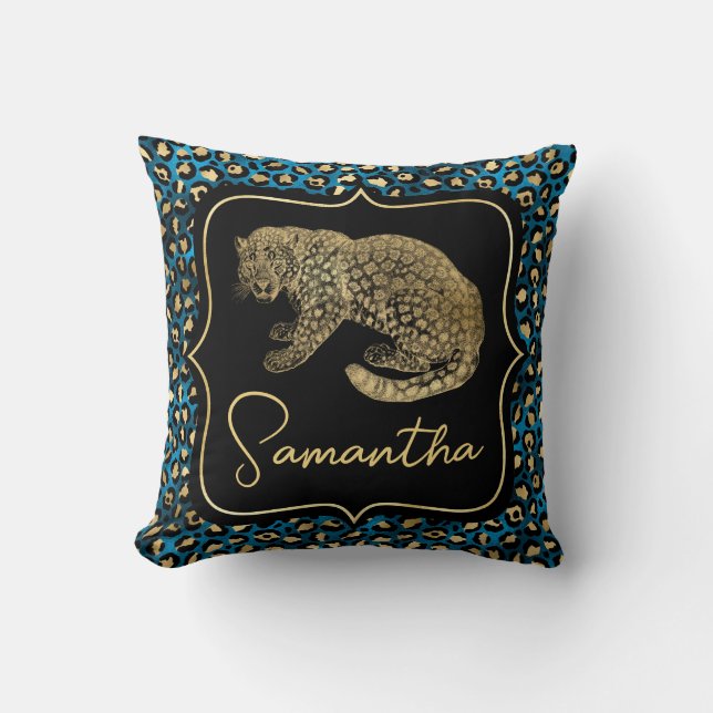 Almofada Leopardo Dourado e Impressão de Leopardo Azul (Frente)
