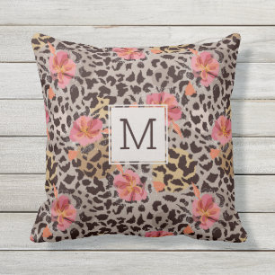 Almofada Leopardo Imprima Flor Tropical Bonito, Monograma